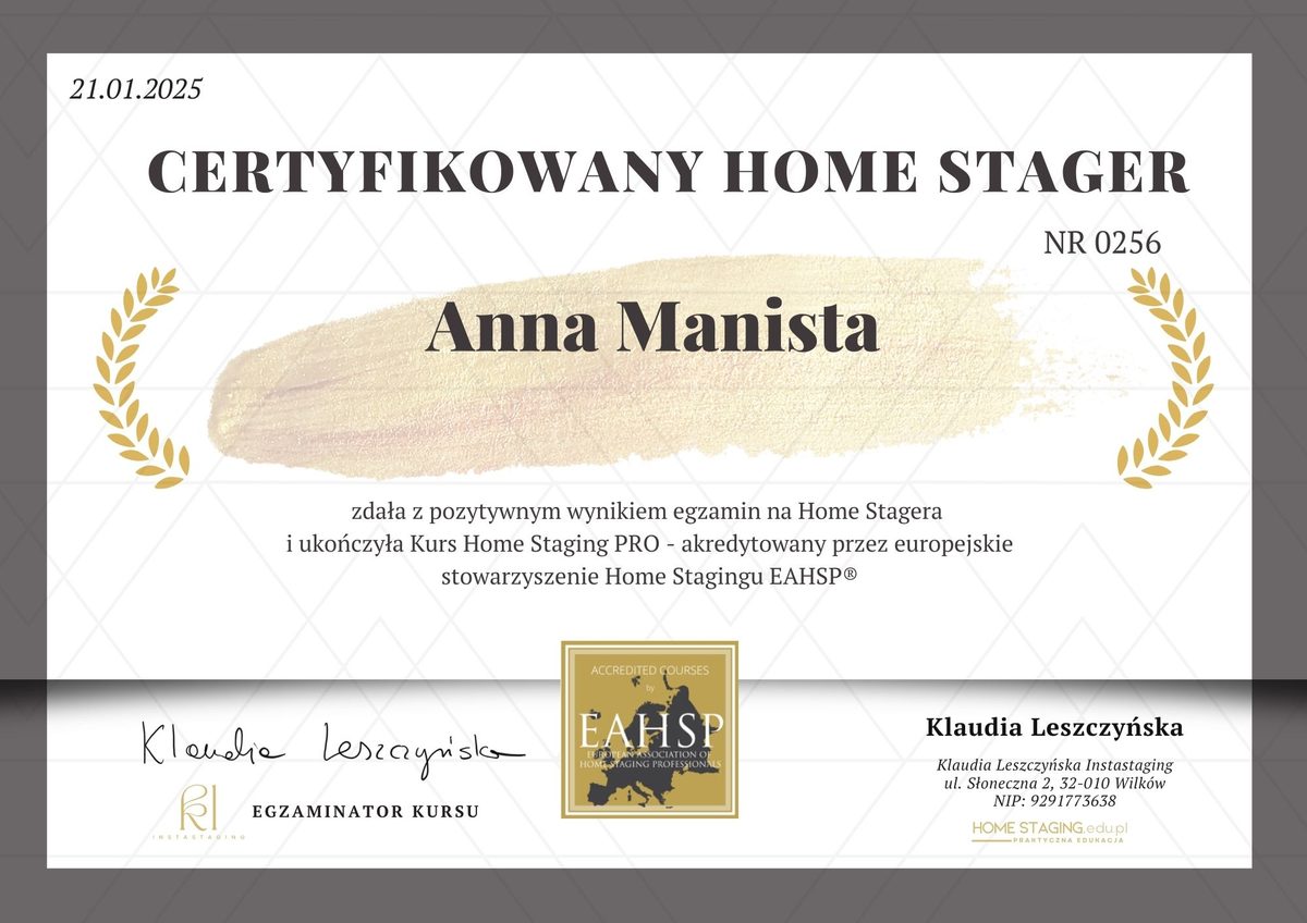 Certyfikat Certyfikowany Home Stager – Anna Manista